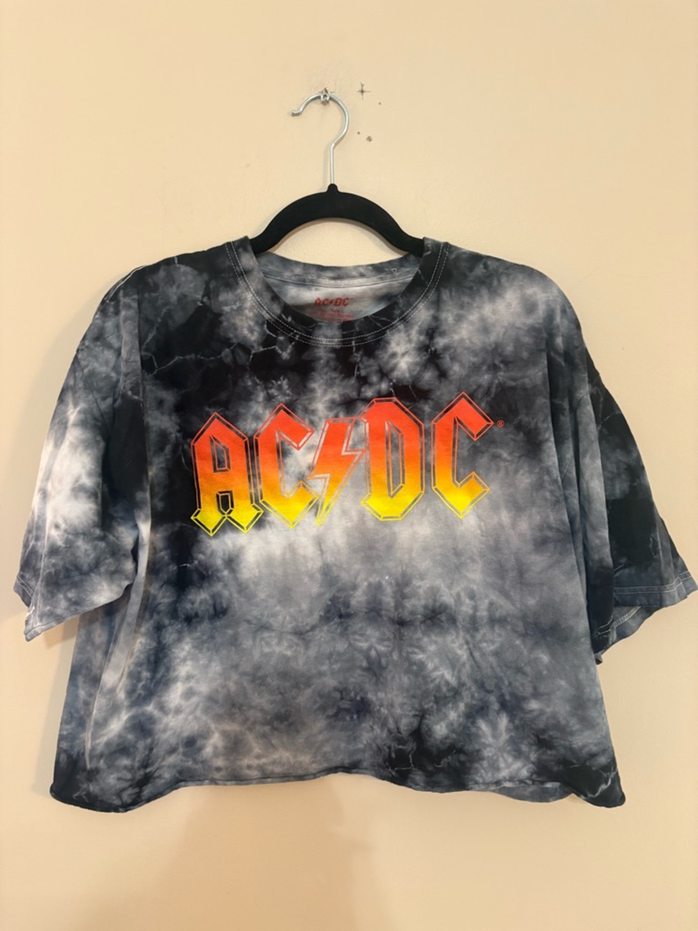 AC/DC Tie-Dye Crop Tee - Black & Gray with Red and Yellow Logo